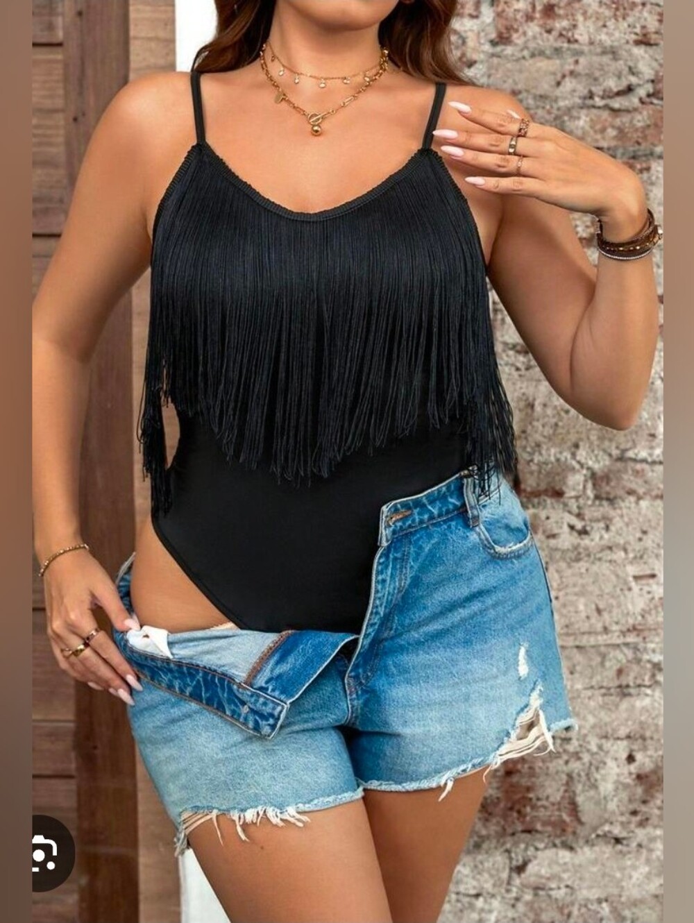 Black Fringe V-Neck WomenS Tank Bodysuit XL